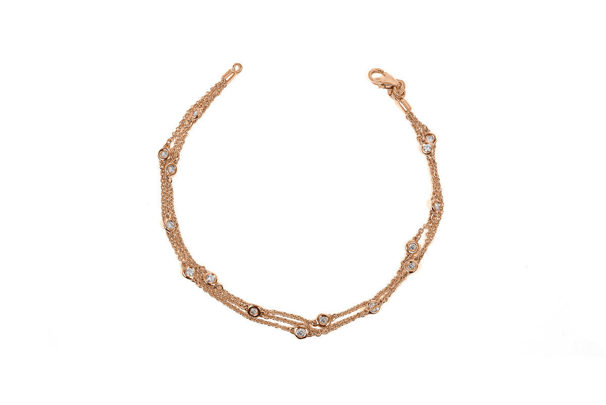 Rose Gold Triple Row Diamonds By the Yard Station Bracelet