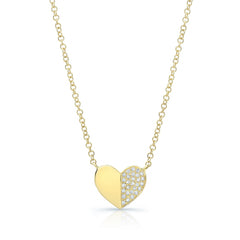 Half Pave Half Solid Gold Heart Necklace
